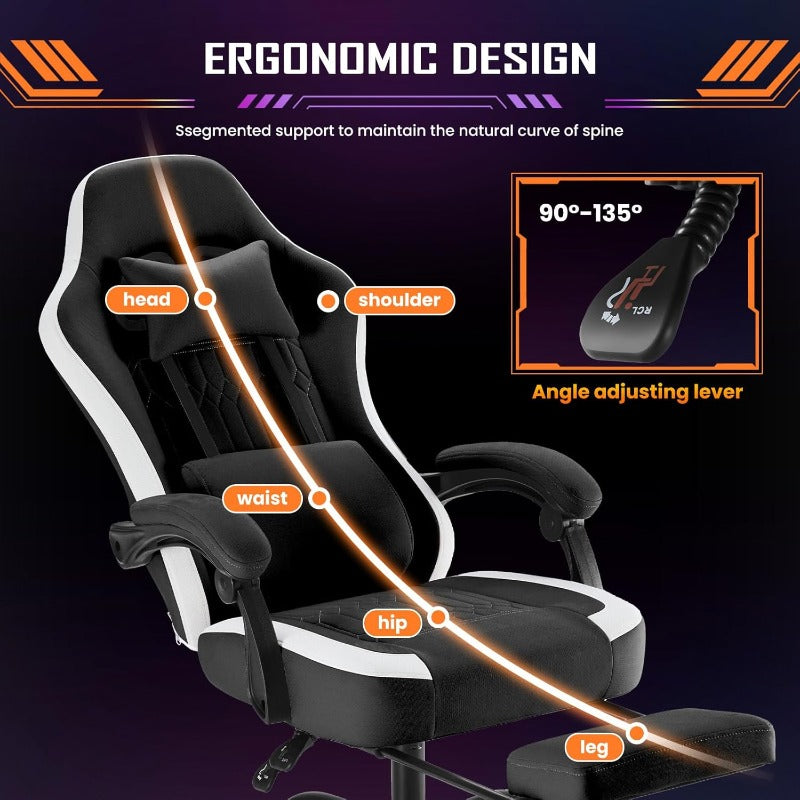 Computer Game Chair - Ergonomic Office Chair with Foot and Lumbar Support, Height Adjustable Work Chair, Headrests, Armrests, and Rollers