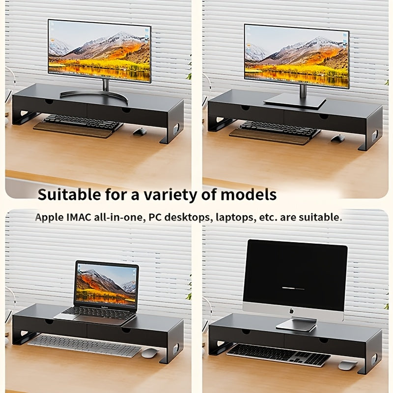 Metal Carbon Steel Computer Monitor Height-increasing Stand 60*25*10.7cm with Double Drawers, Desktop Notebook Stand, Desktop Storage Rack, Space-saving Office Desk, Bestseller, Home Office