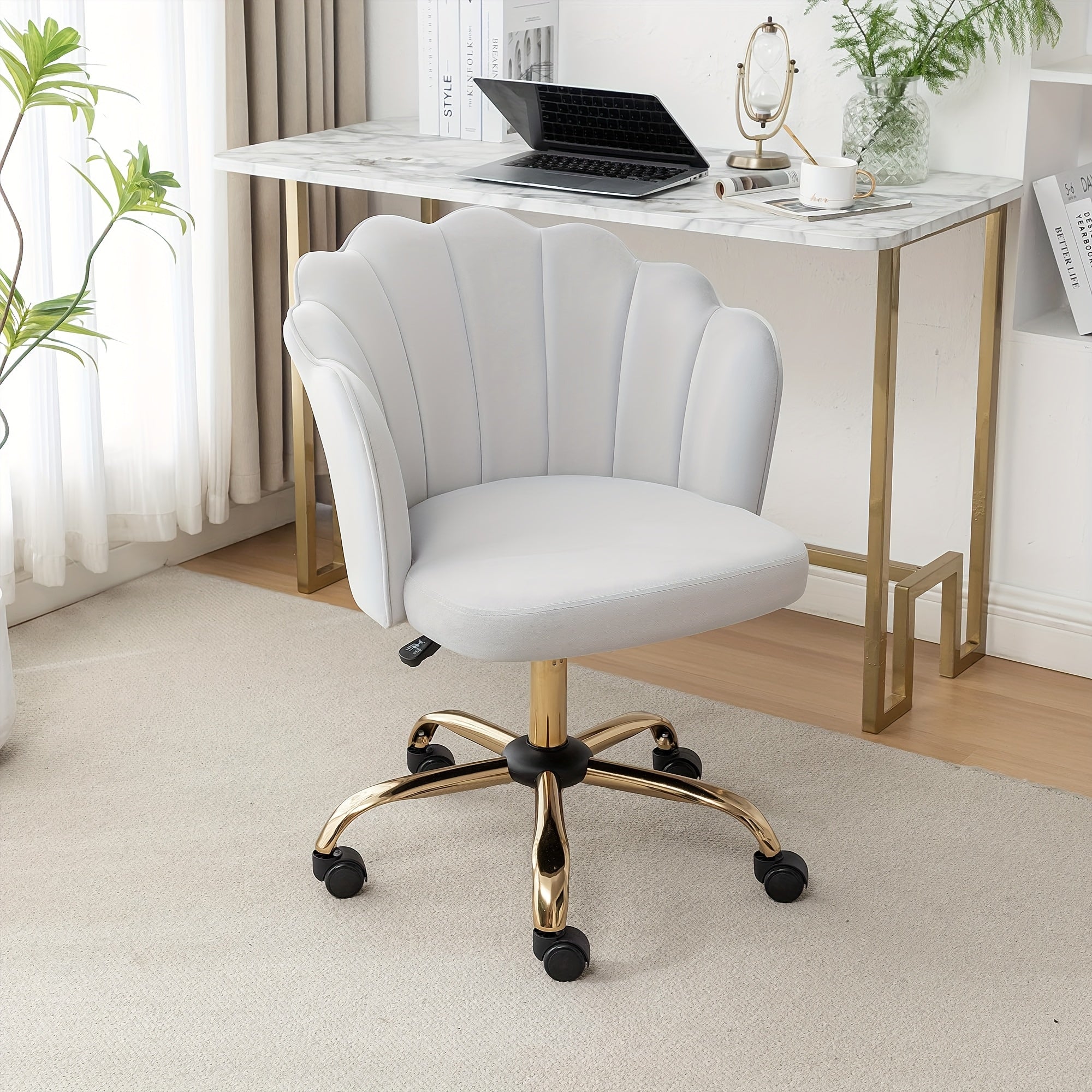 Modern Swivel Office Chair with Luxury Velvet Upholstery & Golden Metal Base - Height-Adjustable 360° Rotating Task Chair, Vanity Desk Chair for Home Office, Bedside or Dressing Table - Shell Back & Sponge (Easy Assembly)